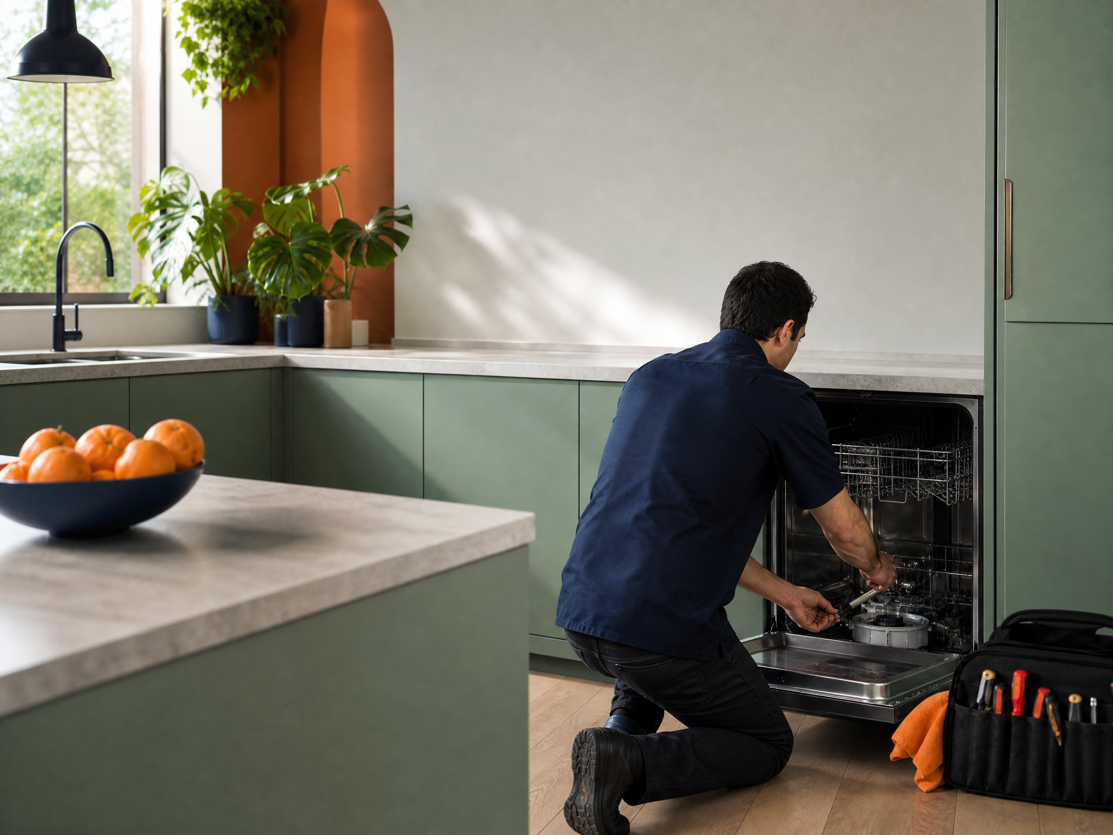 Technician working inside an open built-in dishwasher