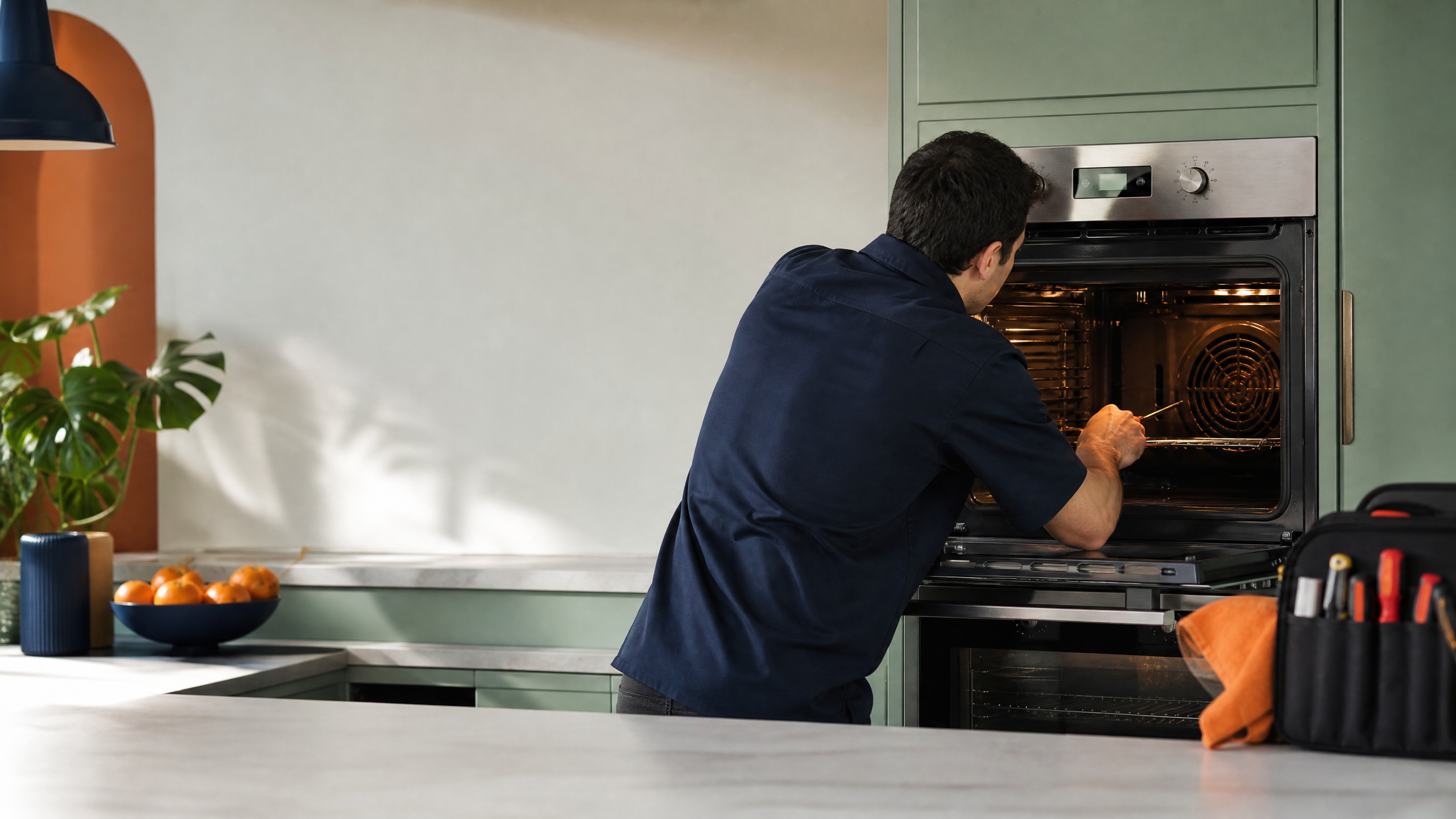 Technician inspecting an open stainless-steel oven in a bright kitchen