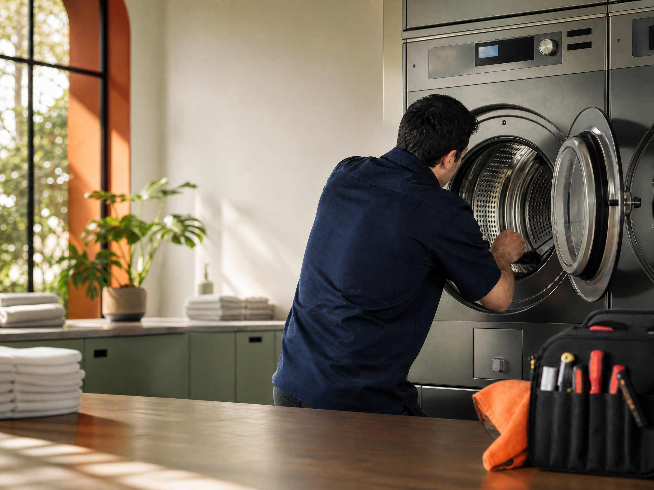 Technician inspecting commercial laundry equipment