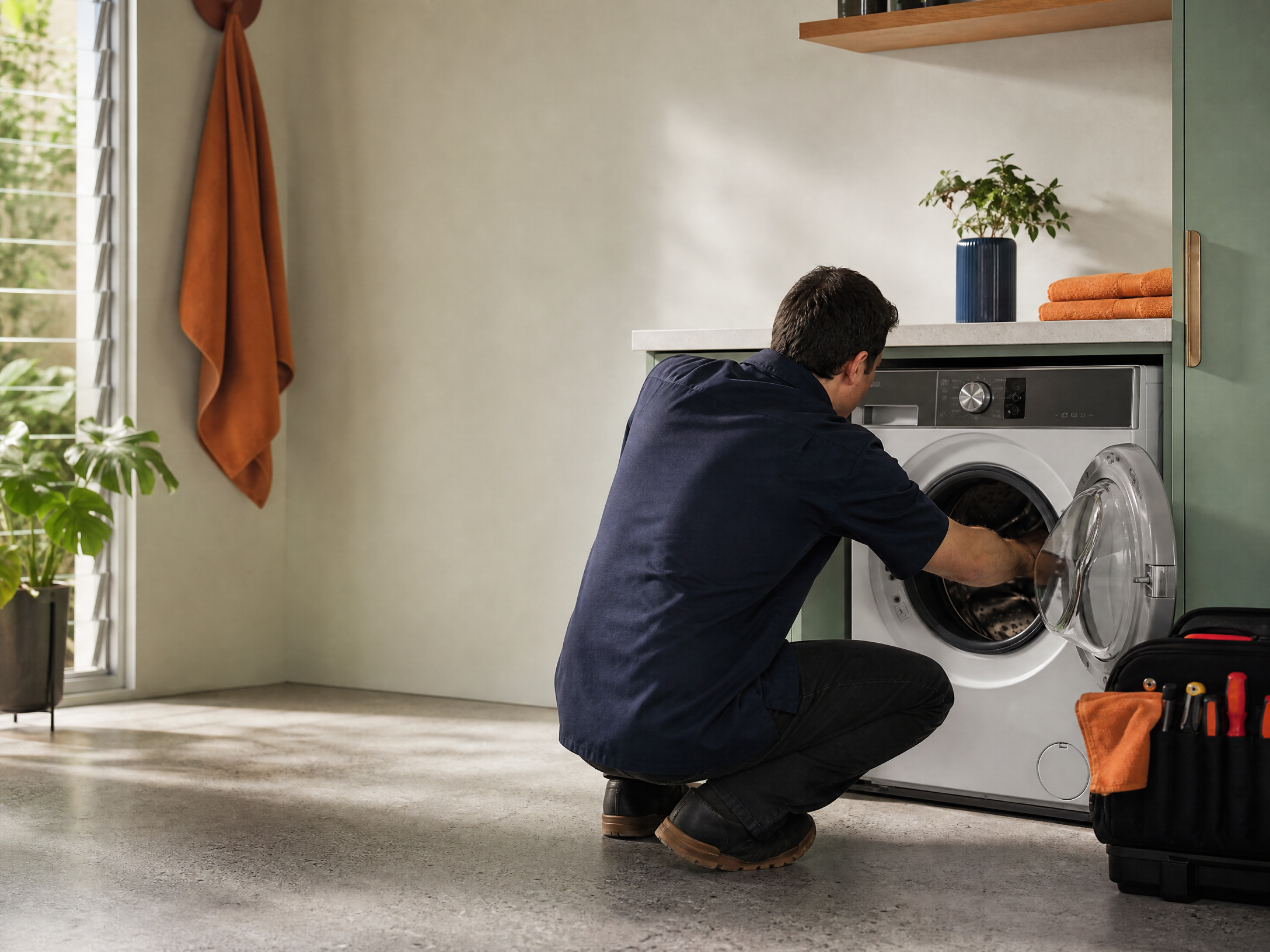 Technician troubleshooting a front-loading washing machine